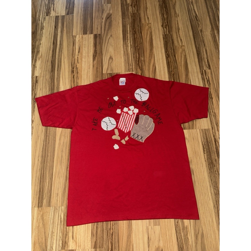 VTG Jerzees XL USA Take Me Out To The Ball Game Baseball T-Shirt‎ Red